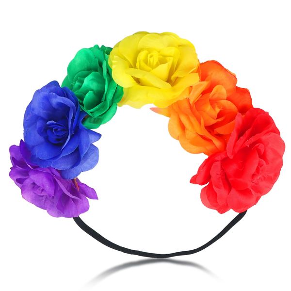 Rainbow Headband Gay Pride Day Rose Flower Crown Rose Flower Headbands for Girls Women Floral Hair Wreath Accessories for LGBTQ Pride Party Decorations Parade Supplies 1PCS