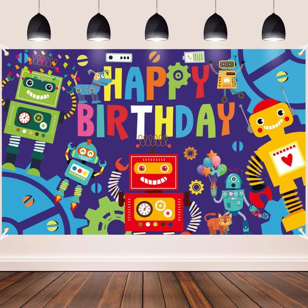 Robot Birthday Party Backdrop Happy Birthday Photography Backdrop 5.9x3.6ft Robot Photography Background for Gear Robot Birthday Party Decoration Gear Up Robot Party Supplies