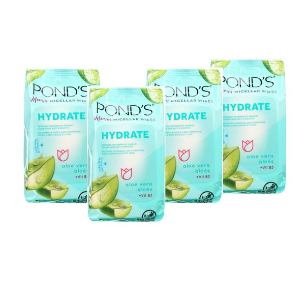 Pond's Vitamin Micellar Makeup Wipes Hydrating Aloe Vera Daily Face Wipes Waterproof Makeup, 15 Count, 4 Pack