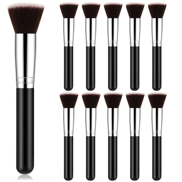 Tanlade 10 Pcs Flat Top Foundation Brush Wedding Gifts Kabuki Cosmetics Synthetic Dense Makeup Artist Brush for Liquid, Cream, Flawless Face Blush Brush for Wedding Artist Face Makeup Tools(Black)