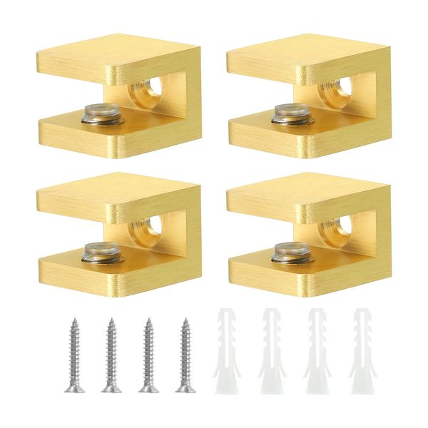 Sourcing Map Brass Glass Clamp, 4Pcs Adjustable Glass Shelf Bracket Support Holder, Gold