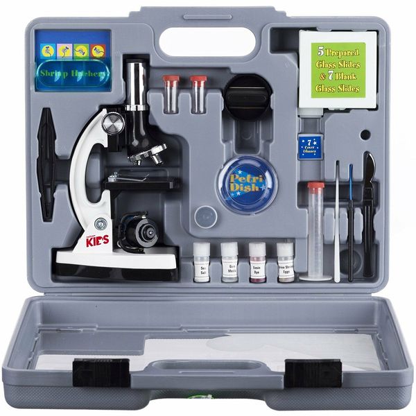 AmScope 52pc 120X-1200X Kids Starter Compound Microscope Portable Science Kit