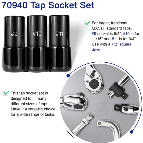 3-Piece 70940 Tap Socket Set, 5/8’’ 11/16’’ 3/4’’ Tap Sockets #9#10#11, For Larger Fractional M.C.T.I. Standard taps, Use with 1/2”Square Drive (70940, Large)