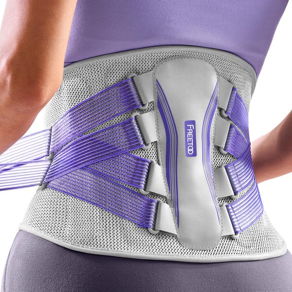 FREETOO Back Support Belt With Unmatched Knitted Breathable Mesh Lower Back Support For Women & Men With 5 Support Modules Ideal For Sciatica Pain Relief,Violets Size XXL