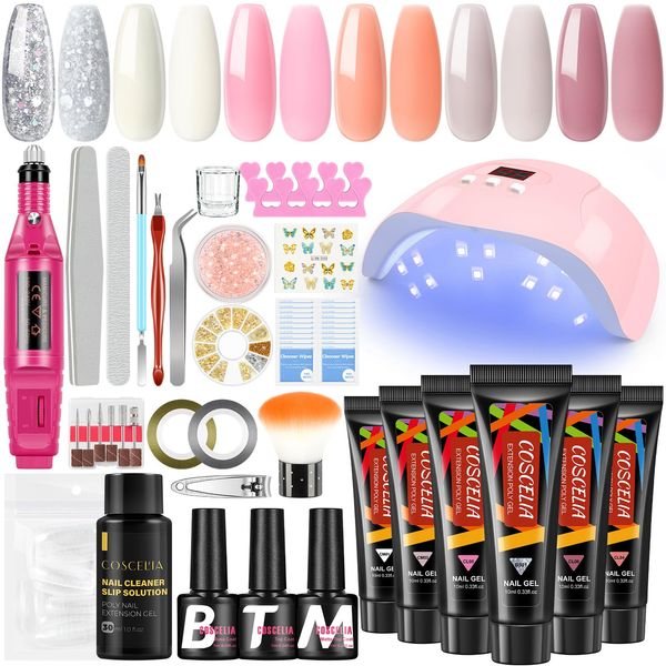 COSCELIA Kit Poli Estensione Gel 6pz con 36W Lampada LED/UV, Set Gel Ricostruzione Unghie e Slip Solution 30ml, Fresa per Unghie Nail Art Kit Professionale