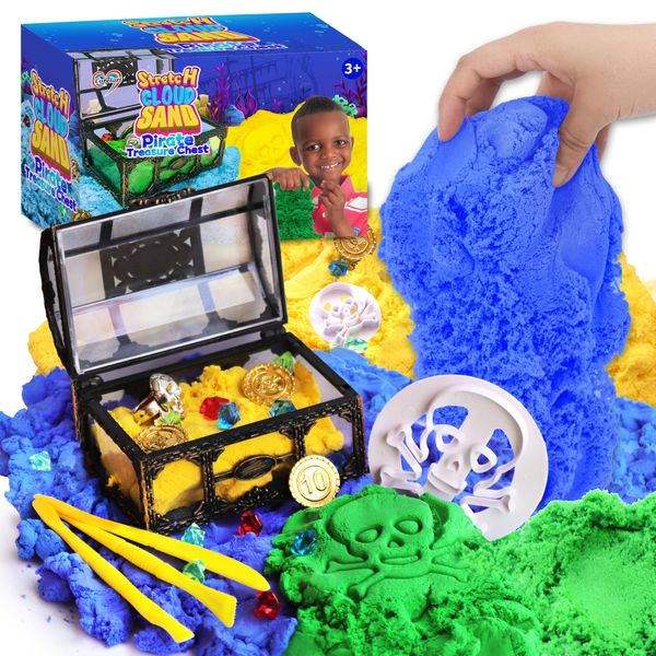 Carolart Pirate Stretchy Cloud Sand,Blue & Green & Yellow Play Sand,Treasure Chest with Sensory Sand,Stretchable,Moldable,Expandable Cloud Slime,Tactile Fun Sensory Kit, Sensory Toys for Kids Ages 3+