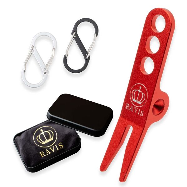 RAVIS Green Fork, Stylish, Golf, Round Equipment, Artisan Divot Tool, Portable, 1 Piece, Includes Carabiner (Red)