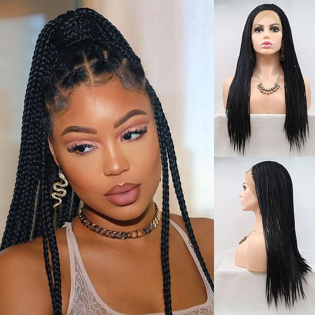 AFBeauty Black Braided Wigs Lace Front Synthetic Gluless Long Box Braid Wig Heat Resistant Fiber Knotless Braided For Black Women Cospaly Daily Use