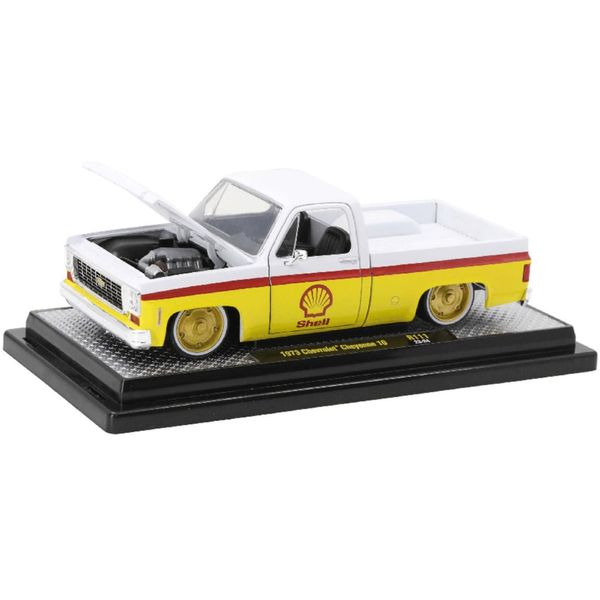 M2 1973 Chevy Cheyenne 10 Pickup Truck White and Yellow with Red Stripes Limited Edition to 7050 Pieces Worldwide 1/24 Diecast Model Car 40300-111A