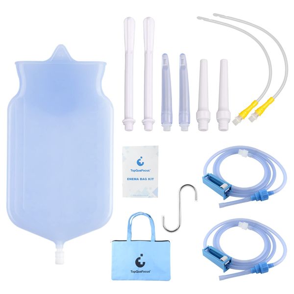 TopQuaFocus Silicone Enema Bag Kit - 2 Sets 6.5ft Replacable Hose with Pulley Flow Control Valve - Clear Coffee Enema Bag for Men Women Colon Cleansing 8 Reusable Tips