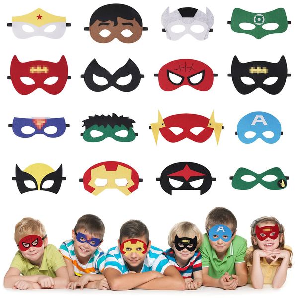 URAQT Superhero Masks, 16 Pcs Super Hero Costumes Toy Party Favors for Kids, Children Masks Dress Up Cosplay Mask, Boys & Girls Felt Eye Mask for Party Masquerade Birthdays Party Cosplay