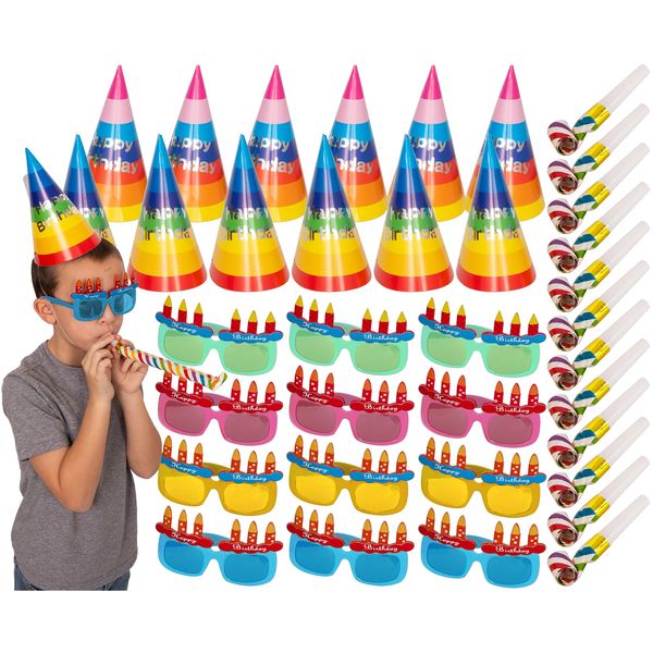 Tigerdoe Birthday Party Hats - Happy Birthday Theme - Birthday Party Set - Party Supplies - Party Decor - 36 Piece Set - 12 Hats - 12 Sunglasses - 12 Whistles