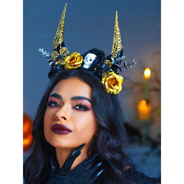 Urieo Halloween Horns Headband Gold Skull Flower Headbands Day of the Dead Costume Headpiece Halloween Party Dress up for Women