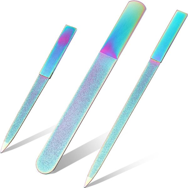 3 Pieces Diamond Nail File Set Metal Sapphire Buffer File Stainless Steel Double Side Nail File Manicure Files Natural Nail Emery Boards for Salon Home and Travel Women Men Rainbow Color