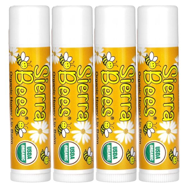 Sierra Bees Organic Lip Balms, Honey, 4 Pack, 0.15 oz (4.25 g) Each