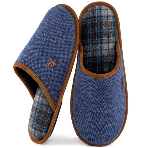 VeraCosy Men's Knitted Scottish Breathable Classic Memory Foam Slippers, Anti Skid Comfy Spring Summer Indoor & Outddor Shoes Navy Blue,8/9 UK