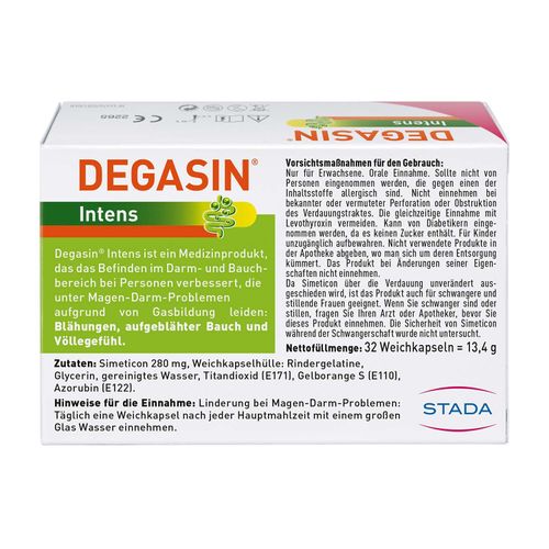 DEGASIN Intens - High Dose Preparation with 280 mg Simeticon - Relieves Flatulence, Gastrointestinal Problems and Bloating - 1 x 32 Soft Capsules