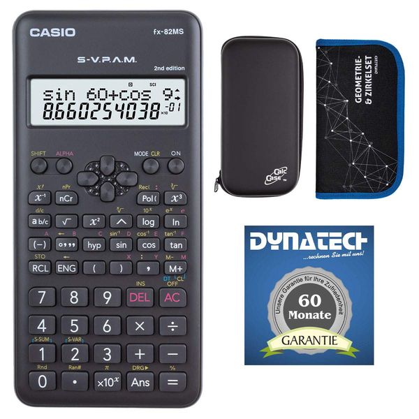 Casio FX-82 MS 2nd Calculator + Protective Case Compatible with Calculator + Compass Set - Scientific School Calculator Not Programmable Electronic Display Battery