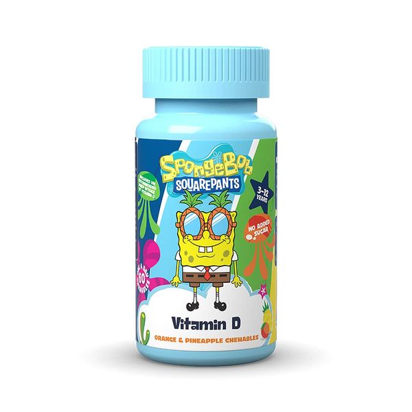 SpongeBob SquarePants Vitamin D, 60 Orange & Pineapple Chewables, Vegan, No Added Sugar, for 3-12 Year Olds