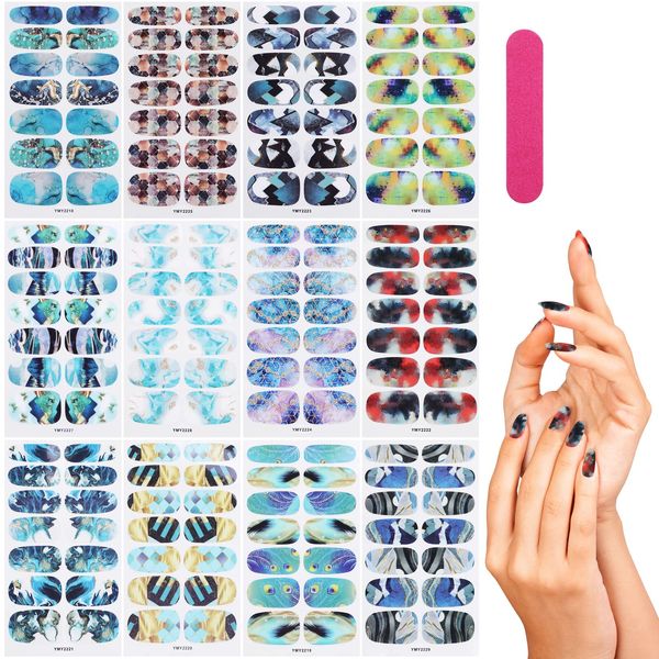 MWOOT 12 Sheets Marble Nail Polish Stickers Wraps, Full Cover Self-Adhesive Nail Polish Strips with 1 Nail File, Marbling Elk Peacock Nail Art Decals Kit for Women Girls Manicure Salon Decoration