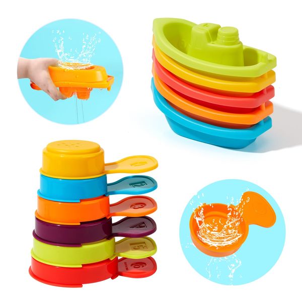 AMCHSURI Baby Bath Toys for Kids Ages 1-3, 11 PCS Mold Free Toddler Bath Toys for 2-4 Bathtub, Water Table, Pool Toys Stackable Boats and Spoons for Babies 6-12 Months Early Learning Educational Gift