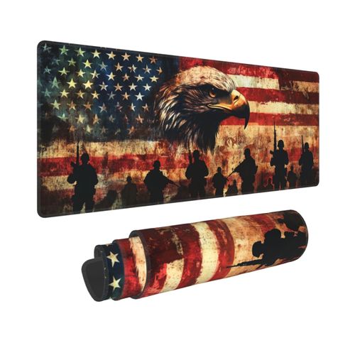 Bald Eagle and American Soldier Gaming Mouse Pad, Large Non-Slip Rubber Base Mousepad XL 31.5x11.8in, Keyboard Mouse Mat, Desk Pad with Stitched Edges for Gamer Home&Office