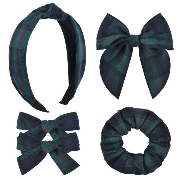 DEEKA School Uniform Plaid Hair Bows & Knotted Plaid Headband & Scrunchies Fable Hair Bow Set Alligator Clips for Toddler Girls Hair Accessories for Little School Girls (Dark Green)