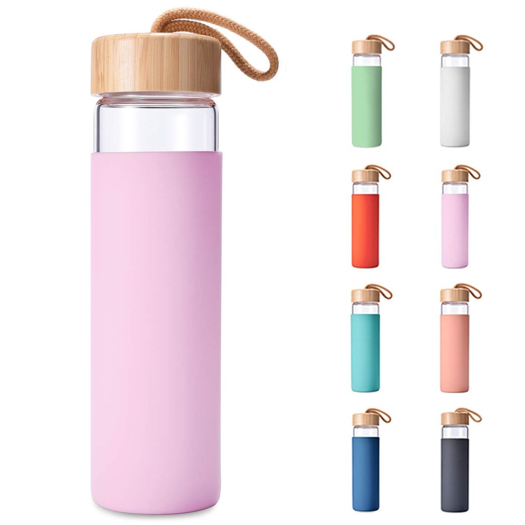 Mayu Travel Water Bottle with Bamboo Lid - Eco Friendly & BPA Free Borosilicate Glass | Adult and Kids Water Bottles with Cap 