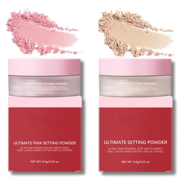 2pcs Translucent Setting Powder Silky Oil-Control Lightweight Face Powder Matte Fixing Translucent Loose Powder Pink & White Face Powder Long Lasting Remove Shine Finishing Powder For All Skin