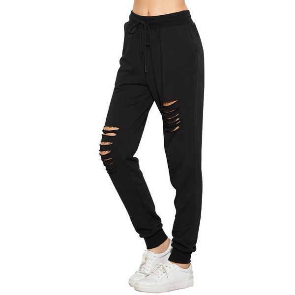 SweatyRocks Women's Ripped Pants Drawstring Yoga Workout Sweatpants Black S