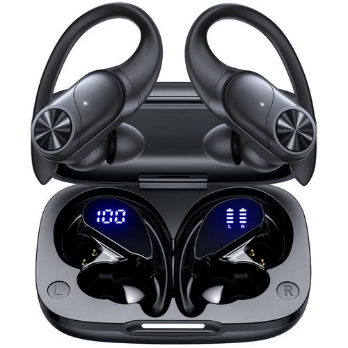 Bluetooth Headphones Wireless Earbuds 80hrs Playtime Wireless Charging Case Digital Display Sports Ear buds with Earhook Premium Deep Bass IPX7 Waterproof Over-Ear Earphones for TV Phone Laptop Black