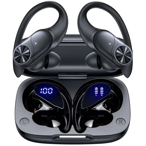 Bluetooth Headphones Wireless Earbuds 80hrs Playtime Wireless Charging Case Digital Display Sports Ear buds with Earhook Premium Deep Bass IPX7 Waterproof Over-Ear Earphones for TV Phone Laptop Black