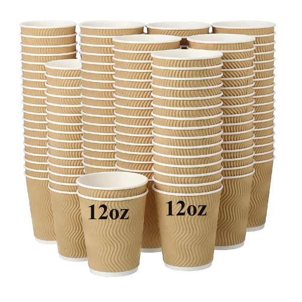 A406 Kraft Disposable 12oz Coffee Cups Ripple 3 Ply Disposable Insulated Paper Cups for Tea Coffee Cappuccino Hot Drinks Cold Drinks (50)