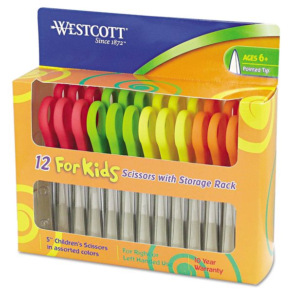 Westcott 13141 Kids Scissors, 5-Inch Pointed, Assorted, 12/Pack