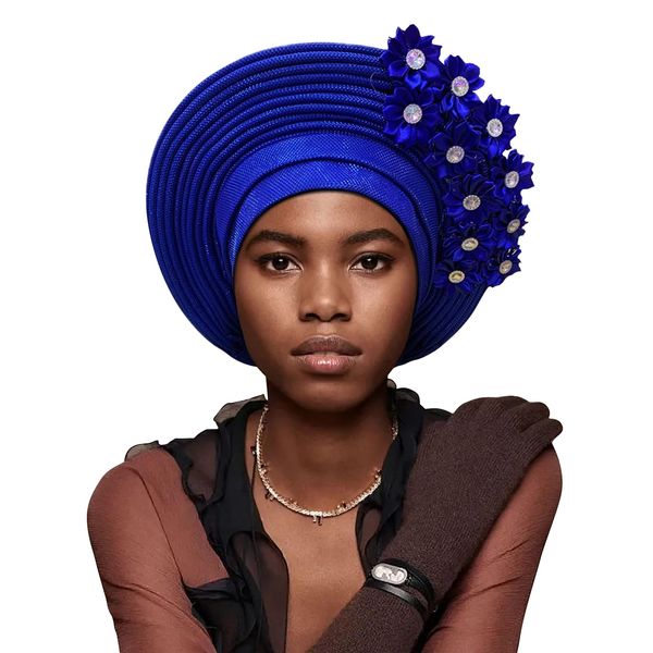 Exquisite African Turbans, Hats, and Nigerian Gele Headties Stylish African Head Wraps and Auto Gele Head Ties (Blue, One Size)