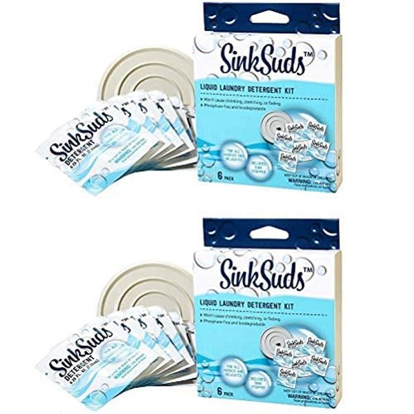 SinkSuds Laundry Detergent Travel Size Liquid Soap TSA Compliant Safe for All Fabrics 12 Packets & 2 Sink Stoppers