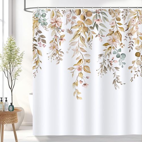 Bonhause Tan Eucalyptus Shower Curtain, Watercolor Leaves with Pink Floral Plants Bathroom Curtain 72x72 Inch Polyester Fabric Waterproof Bath Curtain with 12 Hooks