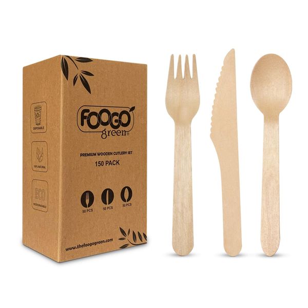 FOOGO Green Disposable Wooden Cutlery Set, FSC® Certified, Forks Spoons Knives, 16cm, Eco Friendly Biodegradable Compostable, Eco Friendly Cutlery Set, Party Wedding Picnic (150pcs | 16cm)