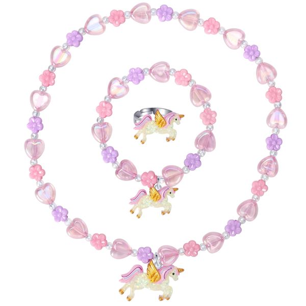 Annilubaby Todder Girls Jewelry Set,Girls Unicorn Necklace Ring Set,Girls Love Necklace Party Favors little Girls Pretend Dress up Play Jewelry,Children Unicorn Ring