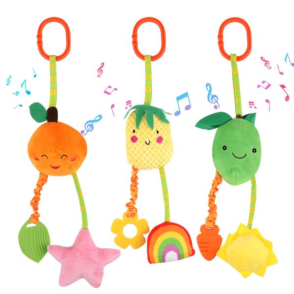 3 Pack Baby Pram Toy, Pushchair Hanging Rattle Toys, Clip on Car Seat Stroller Toys, Plush Sensory Toy for Newborn 0-6 Months, Car Crib Travel Activity Toy