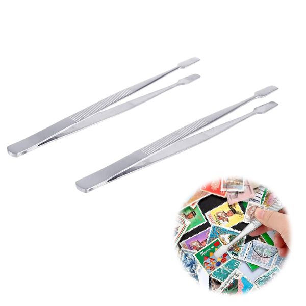 nalaina 2 Piece Set Flat Stainless Steel Stamp Stainless Steel Stamp Collecting Stamp Tweezers Multi-purpose Anti-Slip