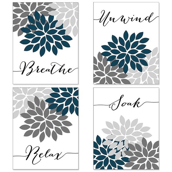 Relax Soak Unwind Breathe Bathroom Wall Decor, Bathroom Wall Art, Bathroom Pictures Wall Decor, Bathroom Decor Wall Art, Teal Blue Bathroom Decor, Bathroom Decor (Set of 4, 8X10in, Unframed)