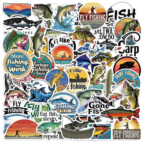 50-Piece Fishing Sticker Pack – Waterproof Vinyl Stickers with Funny Fishing Quotes, Fish, Outdoor Adventure – Ideal for Scrapbooks, Laptops, Water Bottles, Tackle Boxes & Gifts for Fishing Lovers