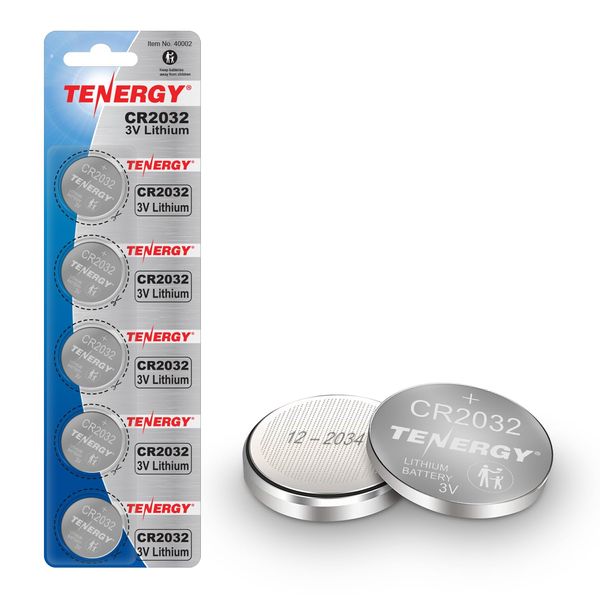 Tenergy 3V CR2032 Batteries, Lithium Button Coin Cell 2032 Battery, Ideal for Key FOBs, calculators, Coin counters, Watches, Heart Rate Monitors, Glucometer, and More - 5 Pack