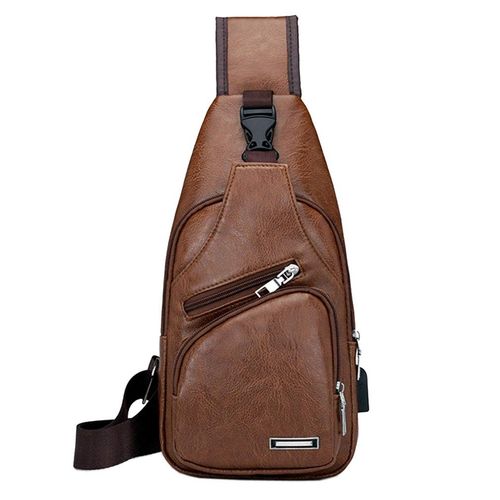 Hebetag PU Leather Sling Crossbody Bag for Men Women Small Shoulder Pack Cross Body Chest Bags with USB Charging Port Headphone Plug Outdoor Travel Hiking Camping Daypacks Brown