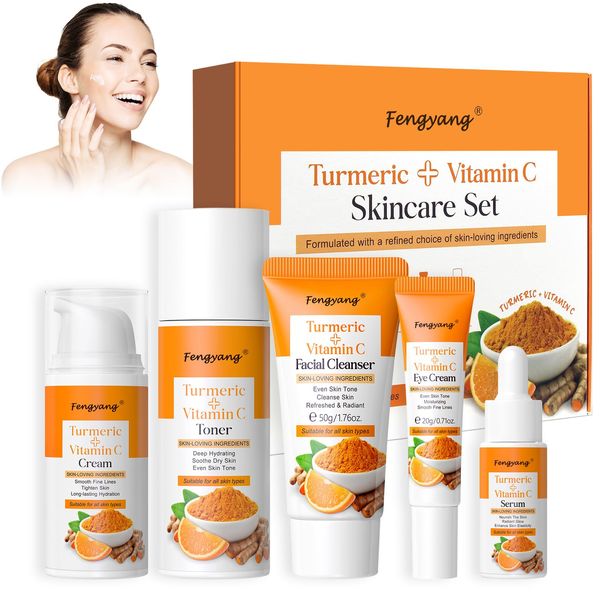 Fengyang® 5Pcs Vitamin C Hautpflege-Set, Geschenkset Hautpflegeset, Kurkuma Gesichtspflegesets, Gesichtspflege-Geschenk, Vitamin C Skin Care Set mit Reiniger Toner Serum Creme Augencreme