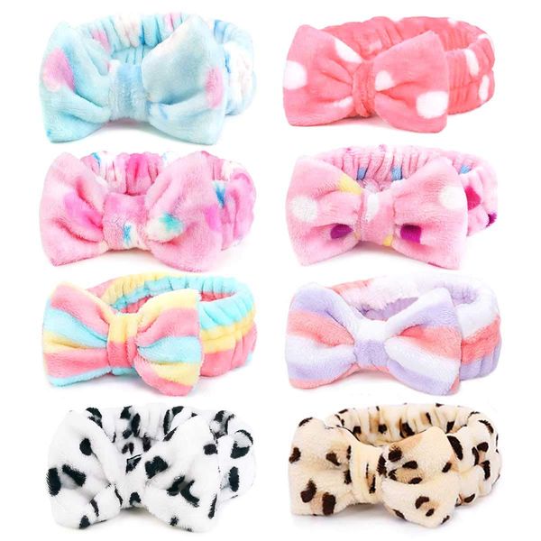 Spa Headbands, Coral Fleece Makeup Headband Cosmetic Headband, Lovely Face Washing Headband Shower Headbands Headwraps, Soft Bowknot Spa Hair Band Spa Birthday Party Supplies for Girls Women 8PCS (Bow Hair Band-D)