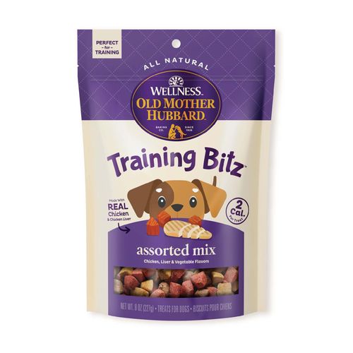 Old Mother Hubbard Wellness Training Bitz Assorted Mix Dog Biscuits, Natural, Training Treats, Three Flavors, Small Size, (8 Ounce Bag)