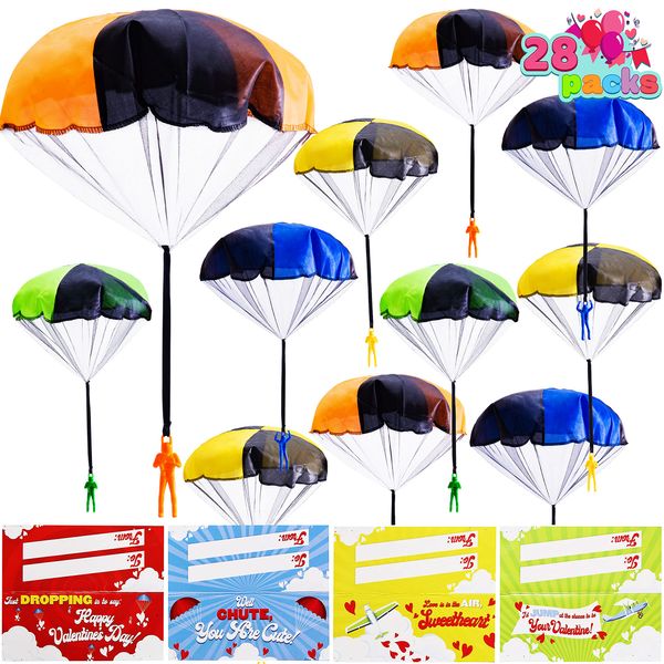 JOYIN 28 Pack Valentine's Day Parachute Toy with Cards,Army Soldiers Guys Toy, No Battery Throwing Hand Toy for Kids Party Favor, Valentine’s Greeting Cards