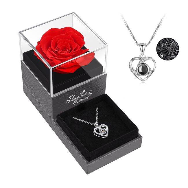 ASELFAD Preserved Real Red Rose with I Love You Necklace -Eternal Flowers Rose Gifts for Mom Wife Girlfriend, Valentines Day Gifts for Her, Mothers Day Christmas Anniversary Birthday Gifts for Women